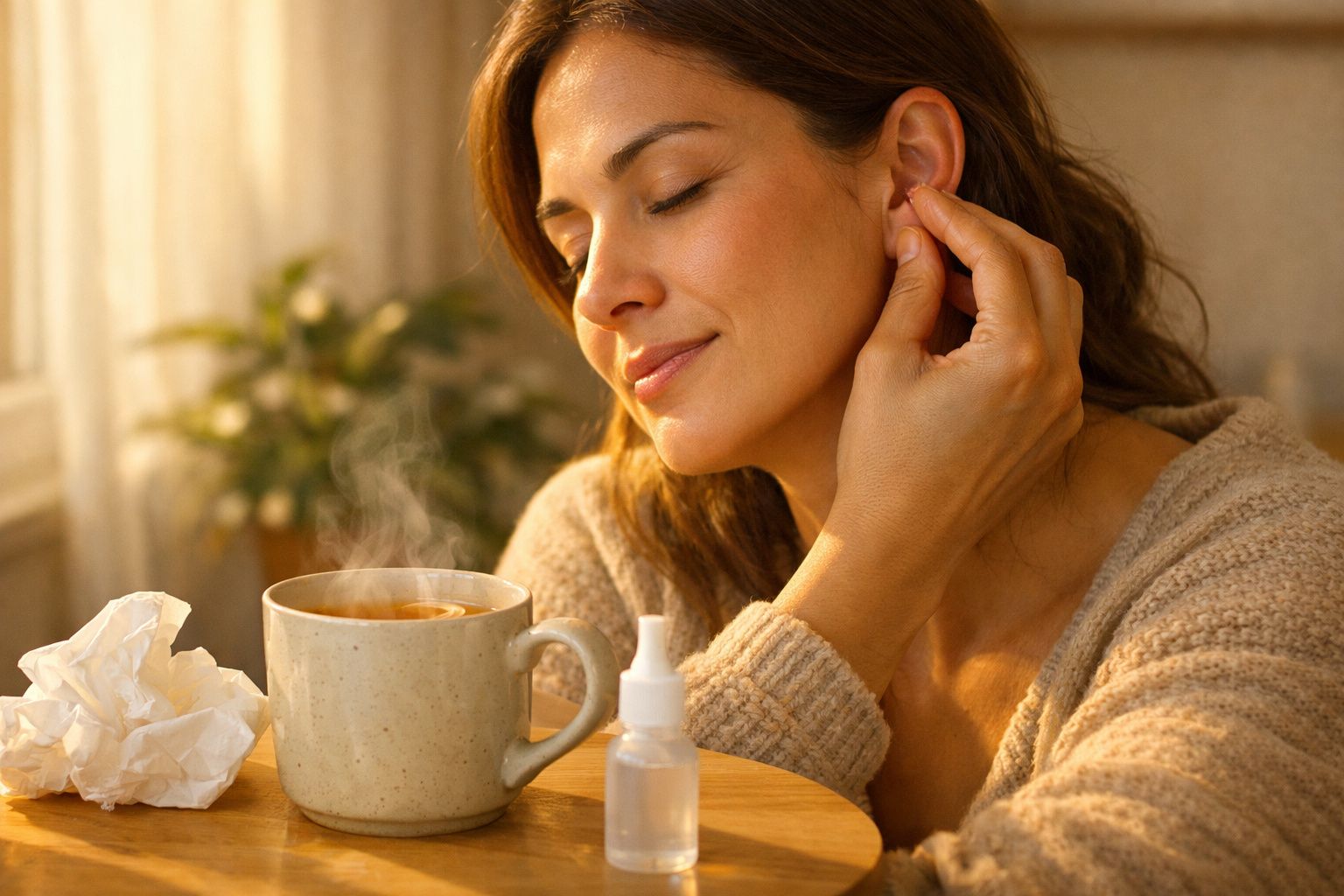 Mulher relaxa com olhos fechados, xícara de chá fumegante e spray nasal na mesa, papel amassado ao lado.