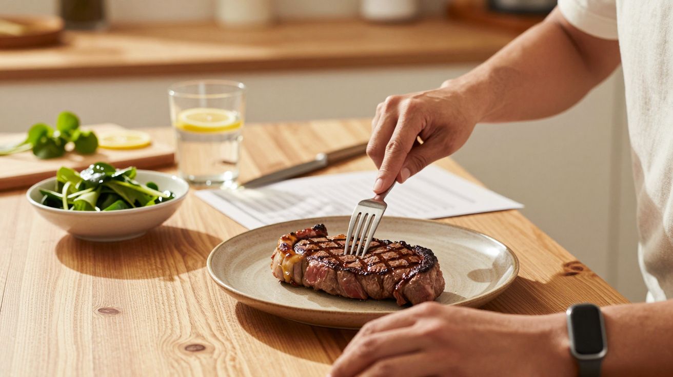 Homem segurando garfo em bife grelhado em prato, ao lado de salada e copo com água e limão sobre mesa de madeira.