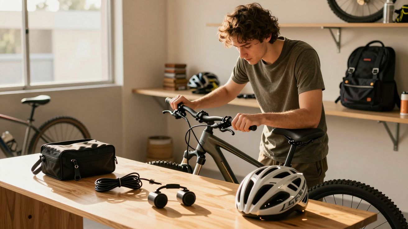 Homem ajusta guidão de bicicleta em oficina, com capacete branco e ferramentas sobre a mesa ao lado.