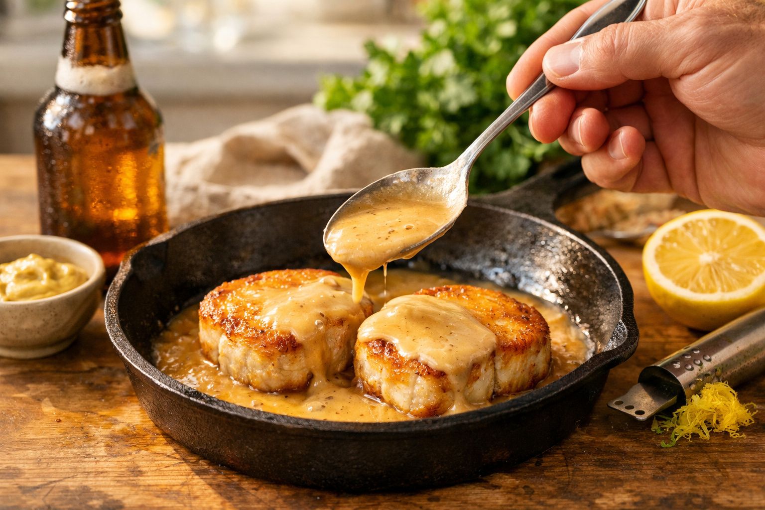 Mãos despejando molho cremoso sobre vieiras douradas em uma frigideira, com limão e salsa ao fundo.