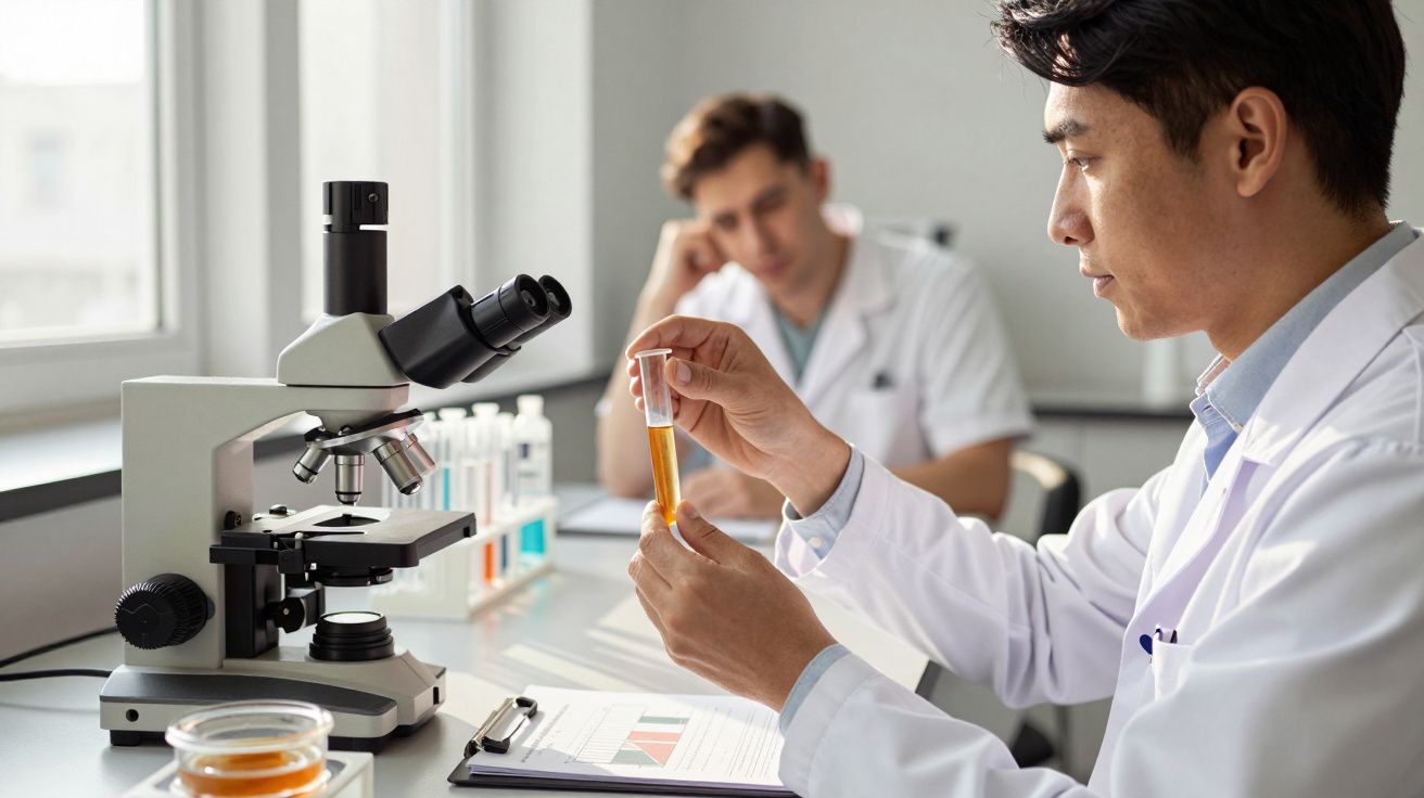 Cientista em laboratório analisa tubo de ensaio próximo a um microscópio, com colega ao fundo tomando notas.