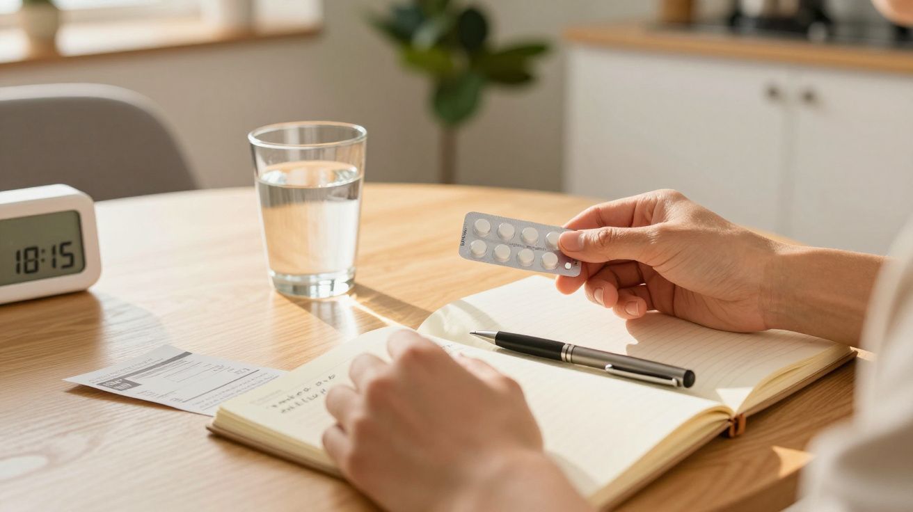 Pessoa segurando cartela de comprimidos, com caderno aberto, caneta, água e relógio digital marcando 18:15 sobre a mesa.