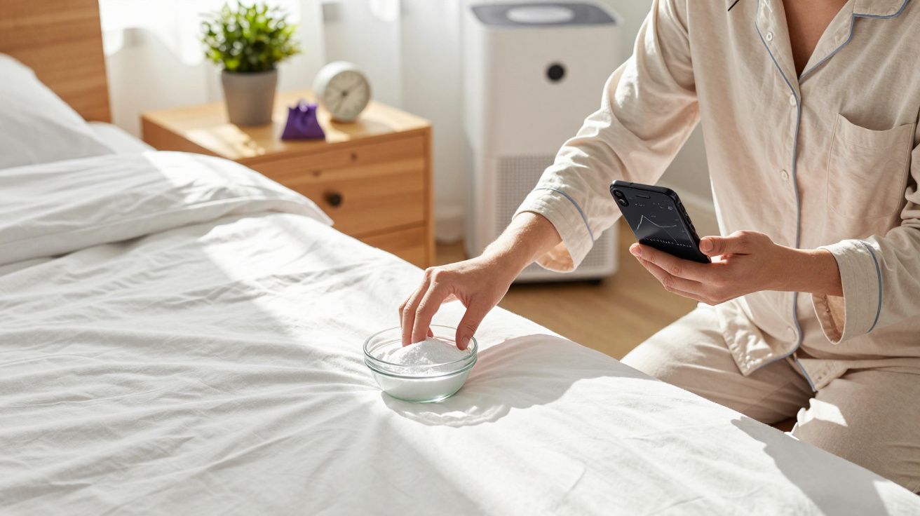 Pessoa de pijama usando celular, toca em tigela de vidro sobre cama em quarto iluminado.