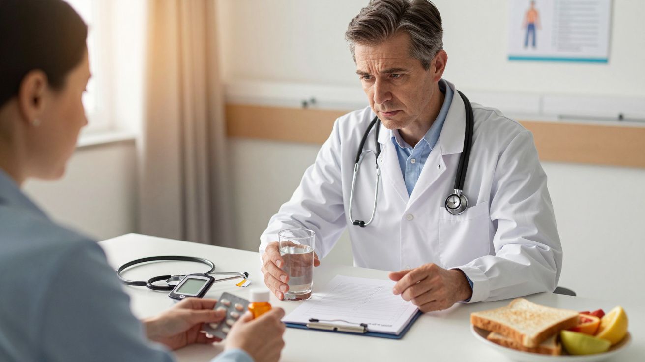 Médico com estetoscópio conversa com paciente, segurando copo de água enquanto paciente segura medicamentos em sala iluminada