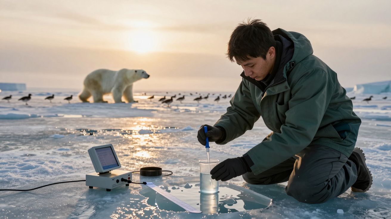 Pesquisador coleta amostra de água em ambiente ártico com um urso polar ao fundo, sob luz do sol.