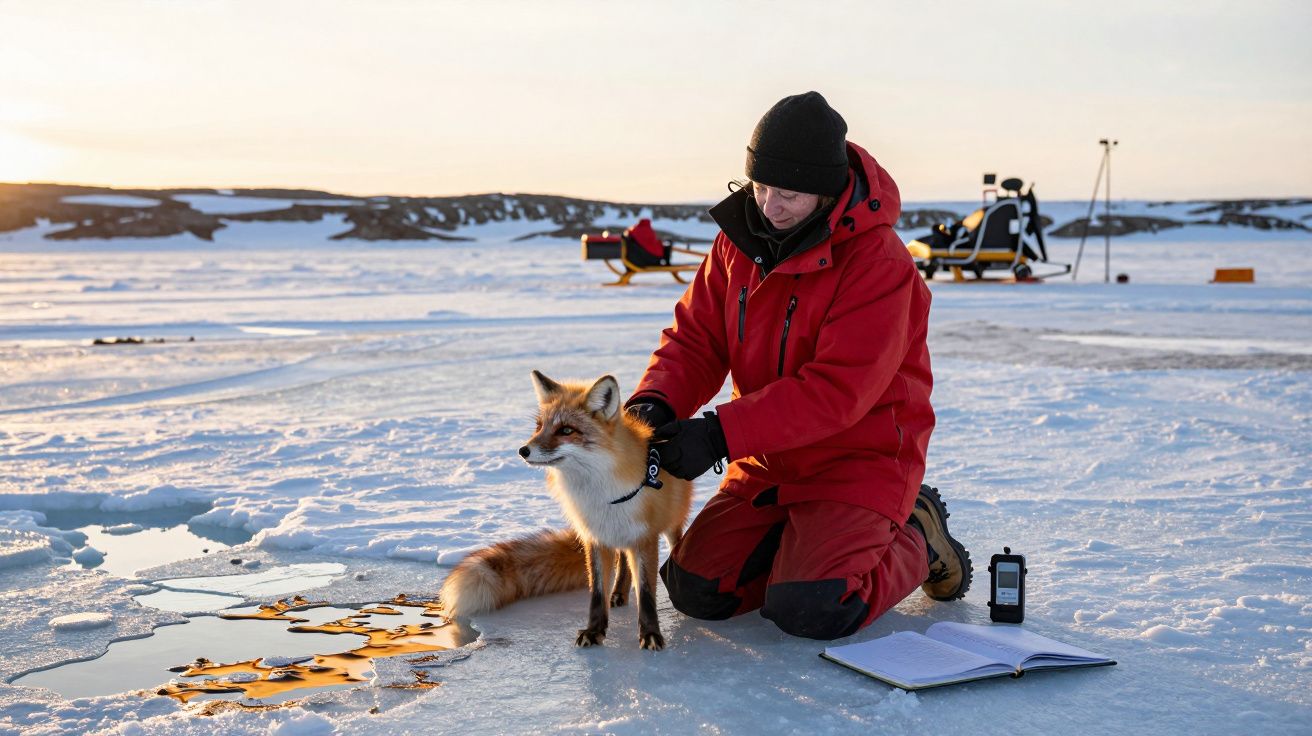 Pessoa em roupa vermelha ajoelhada na neve, segurando uma raposa, com equipamento científico ao fundo.