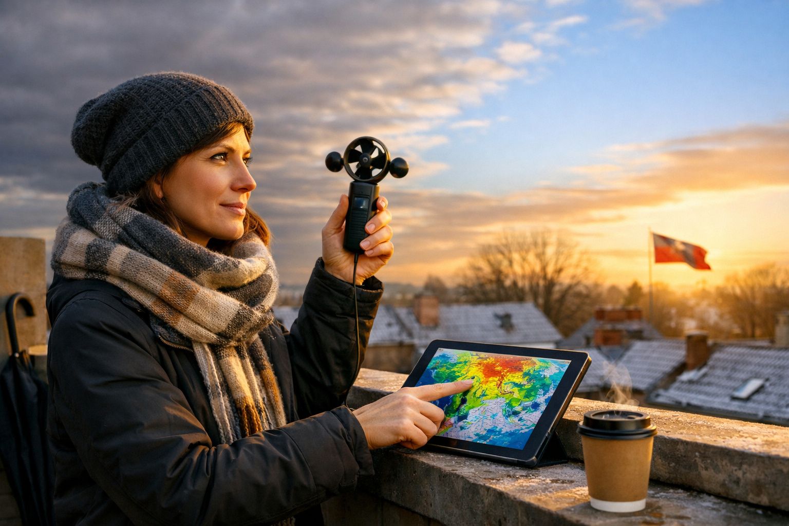 Mulher analisando dados meteorológicos em tablet ao ar livre, com medidor de vento em mãos, sob céu ao entardecer.