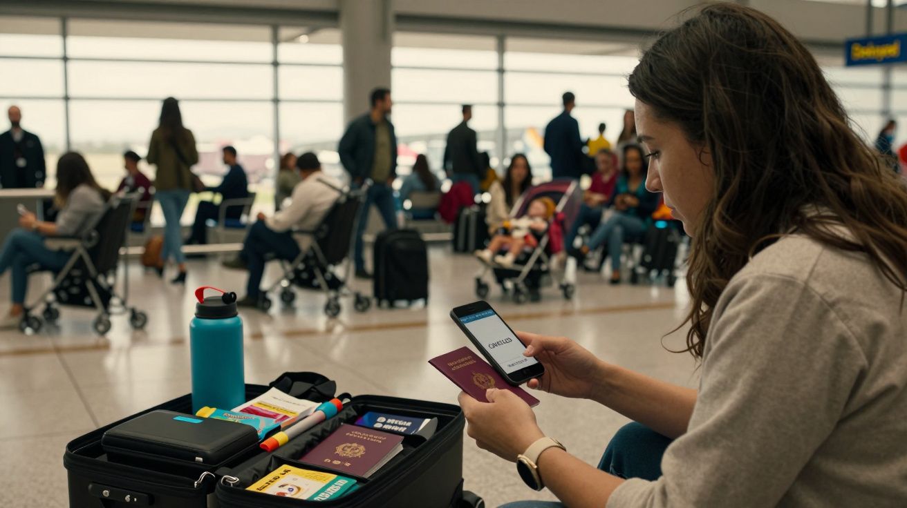 Mulher em saguão de aeroporto segurando celular e passaporte, bagagem ao lado. Viajantes ao fundo.