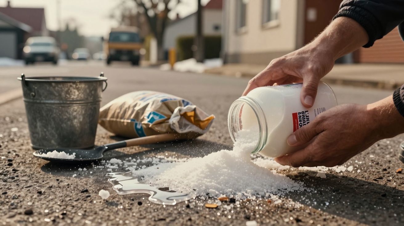 Pessoa derramando sal de um pote em uma rua, com balde e pá ao lado.