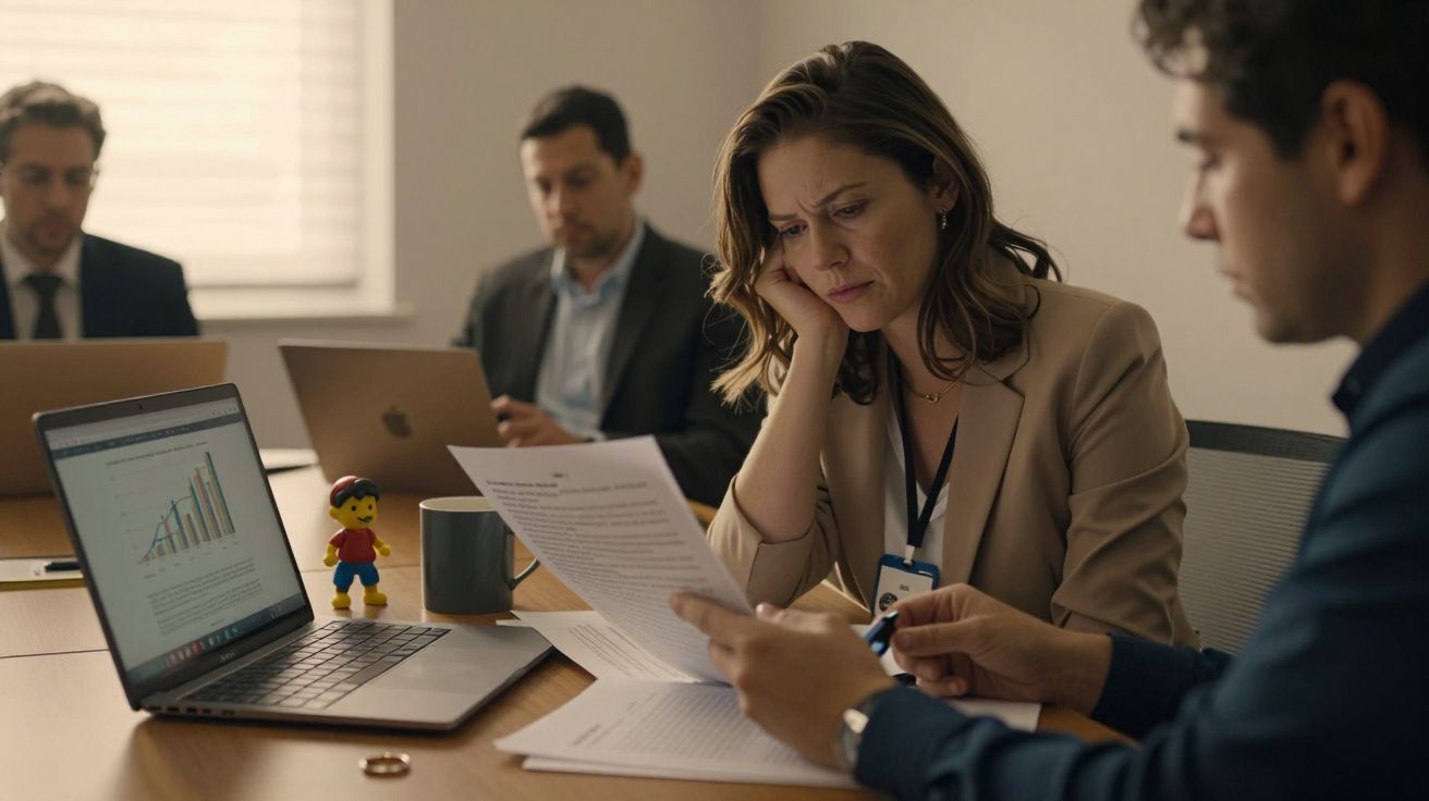 Mulher lendo documentos em reunião com quatro pessoas, mesa com laptops e boneco. Ambiente de escritório formal.