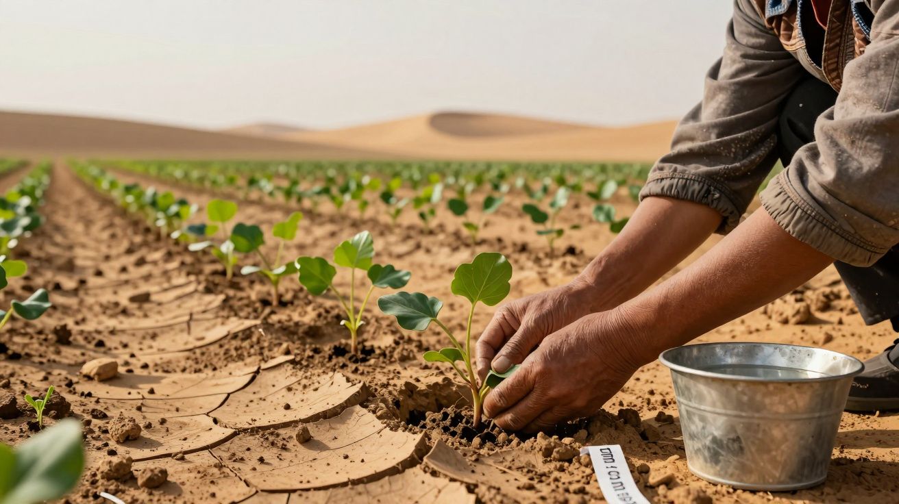 Pessoa plantando mudas em solo desértico, com fileiras de plantações ao fundo e balde de metal ao lado.