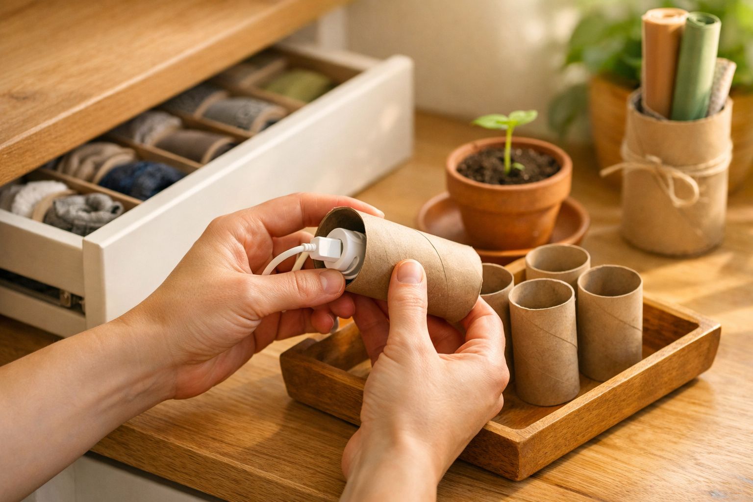 Mãos seguram rolos de papelão com cabos, em mesa de madeira com organizadores e material de jardinagem ao fundo.