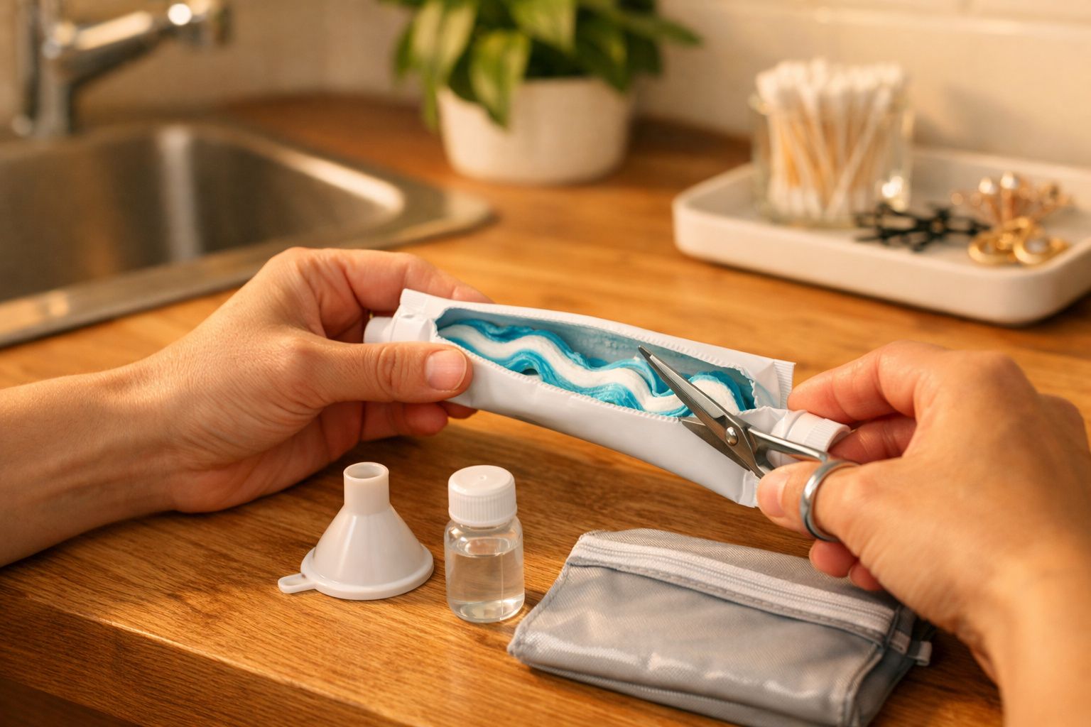 Pessoa corta tubo de pasta de dente com tesoura sobre pia, com itens de higiene ao fundo.