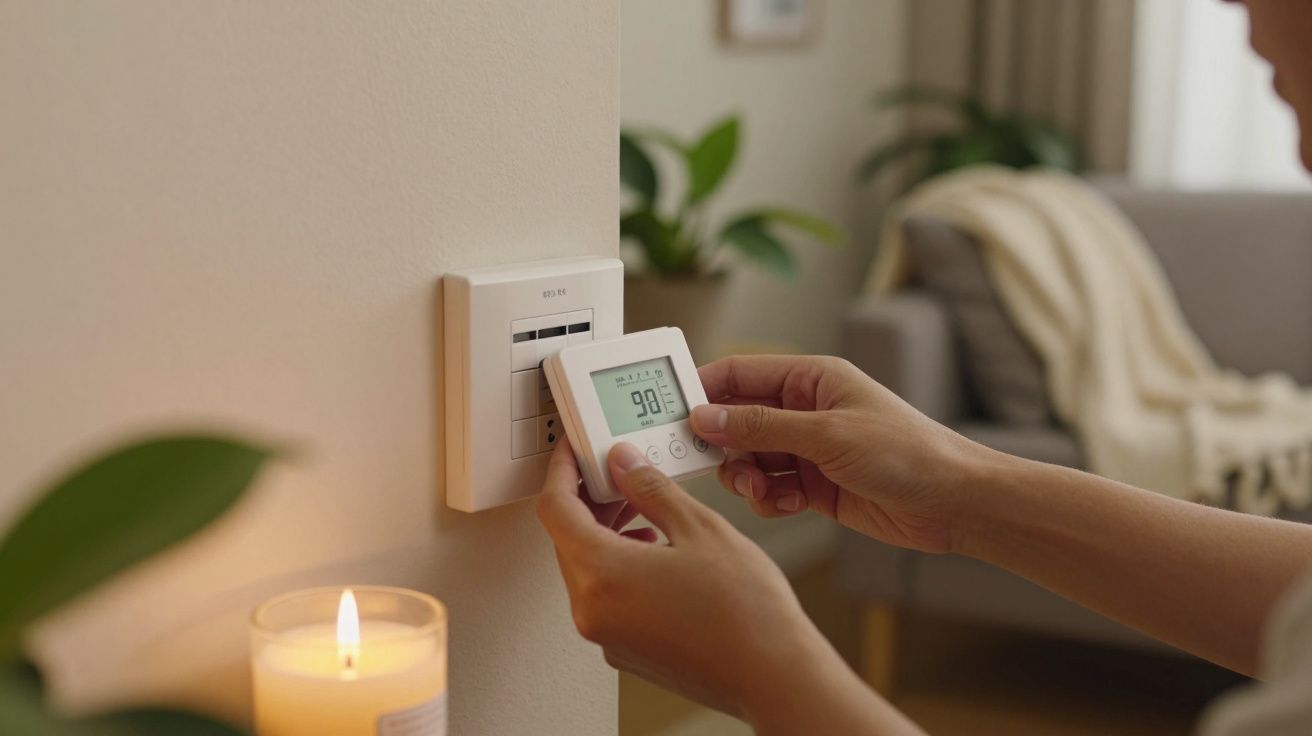 Pessoa ajustando termostato na parede de uma sala aconchegante, com vela acesa e sofá ao fundo.