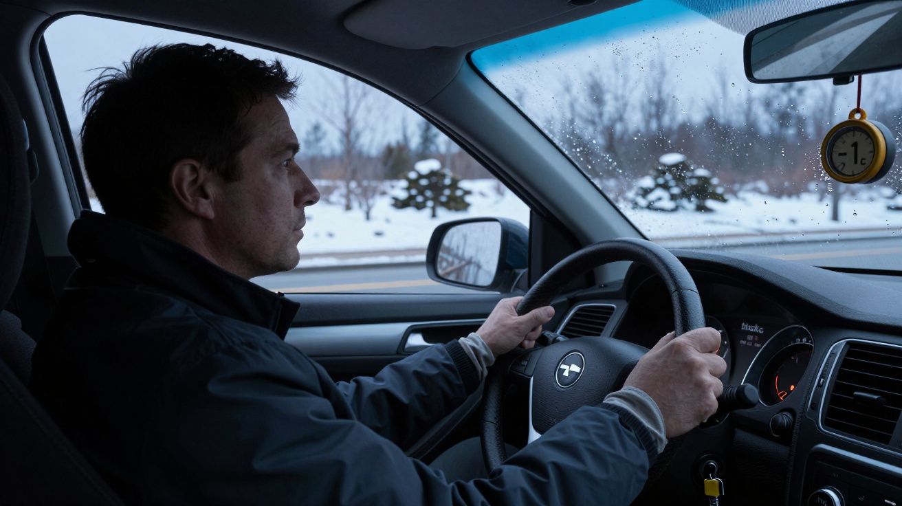 Homem dirigindo carro em estrada com neve, focado no trajeto. Detalhe de termômetro pendurado no retrovisor.