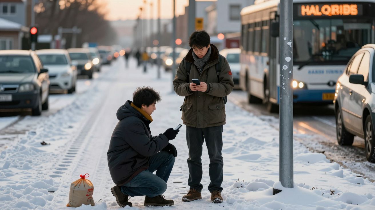 Dois homens usando celulares em uma rua coberta de neve com carros e um ônibus ao fundo.