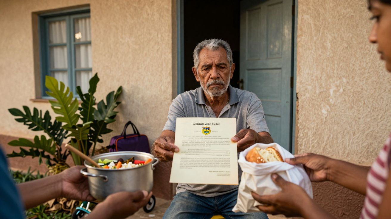 Homem idoso recebe documento, panela de comida e saco de pão em frente a uma casa com porta azul e planta ao lado.
