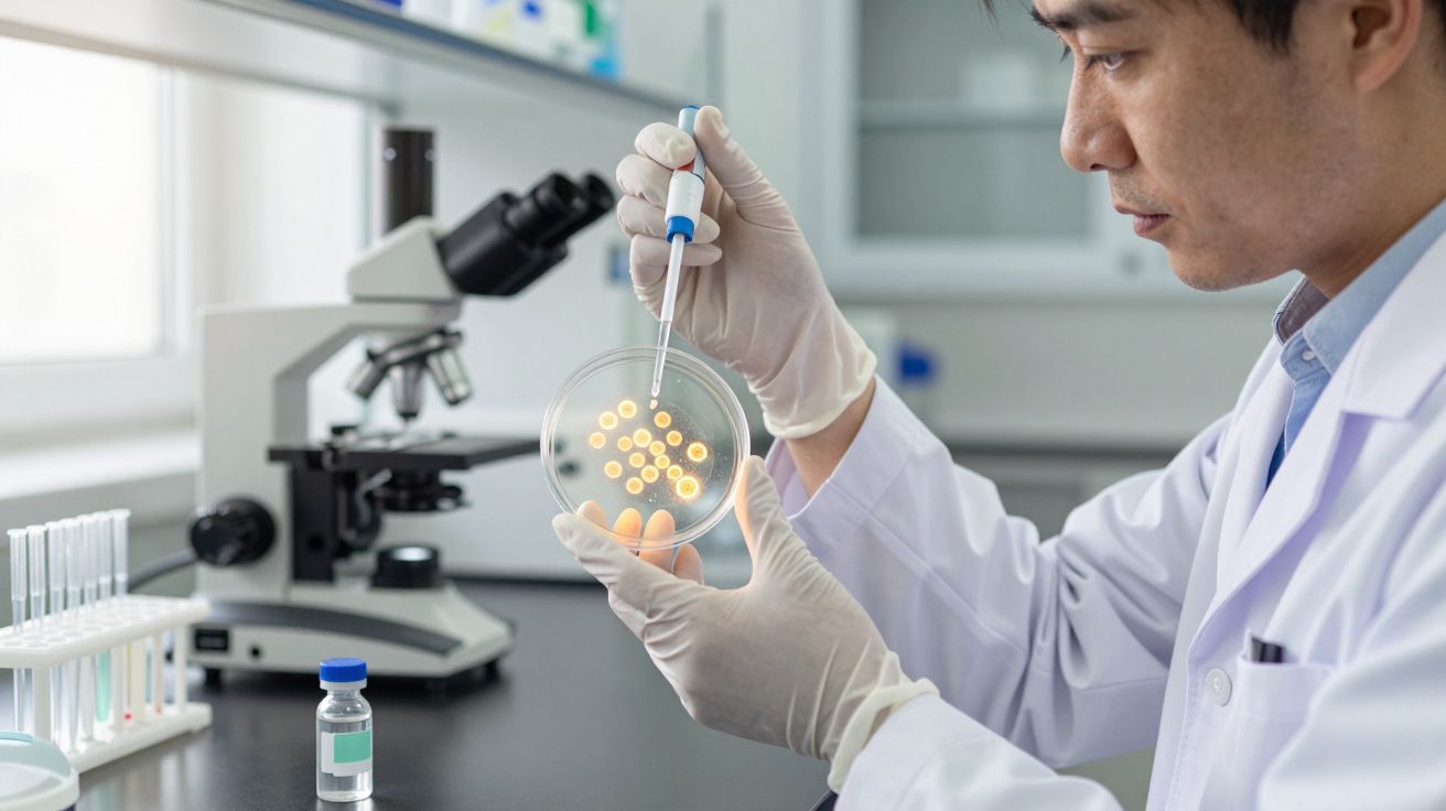 Cientista com jaleco e luvas usa pipeta em placa de Petri no laboratório com microscópio ao fundo.