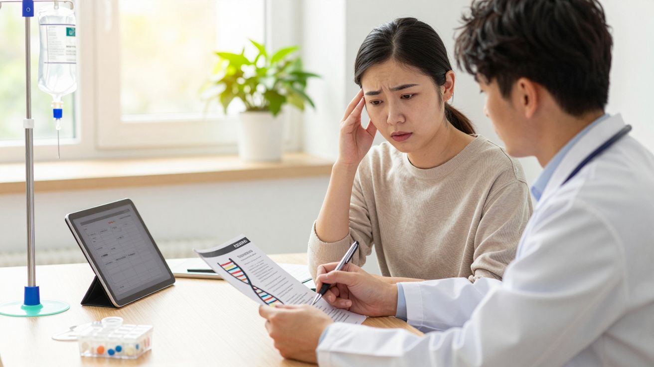 Mulher preocupada consulta médico em consultório, analisando documentos e resultados de saúde com tablet ao lado.