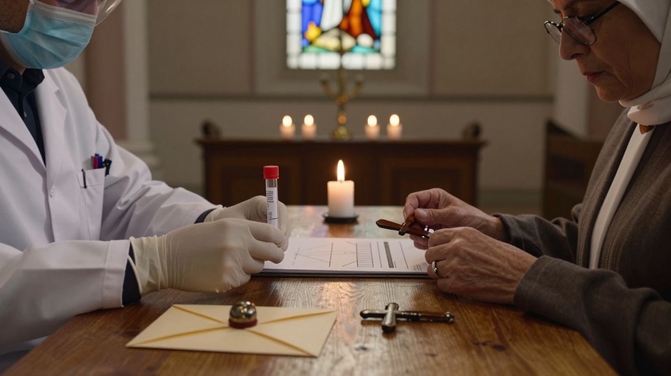 Duas pessoas em mesa de madeira, uma com jaleco e outra com véu, analisam papéis e objetos em uma sala com vitral ao fundo.