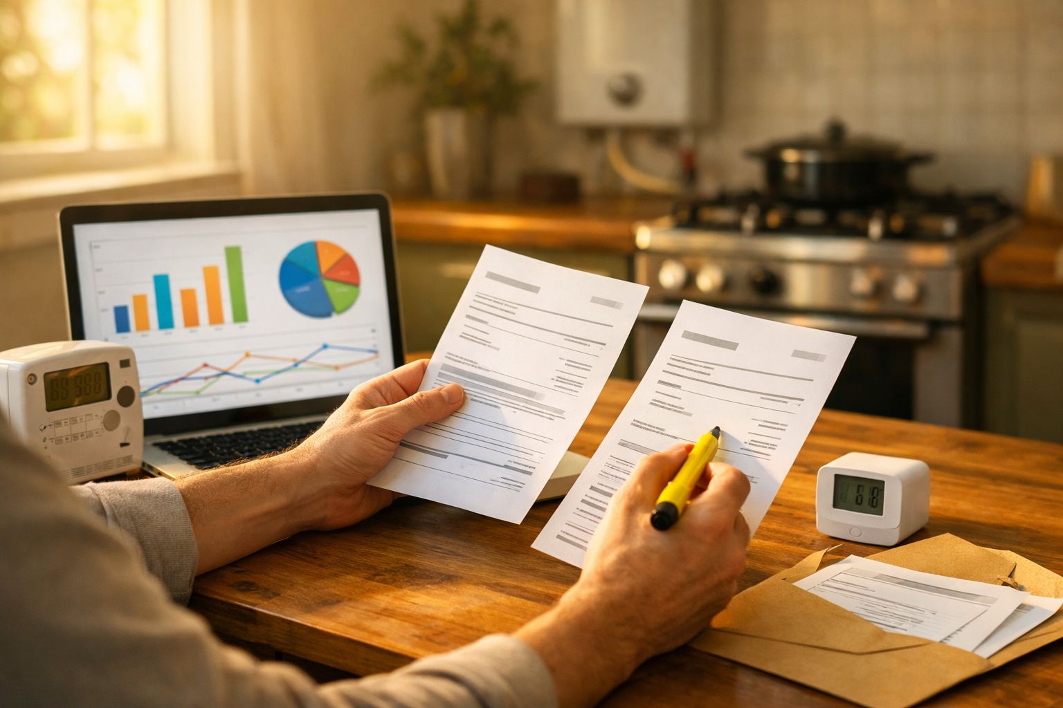 Pessoa analisa contas em uma cozinha, com laptop exibindo gráficos e medidor digital de energia sobre a mesa.