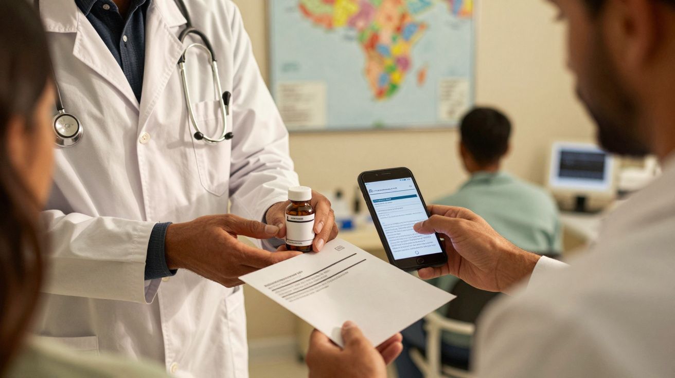 Médico entrega frasco de remédio a paciente que segura celular e papel em consultório, mapa na parede ao fundo.