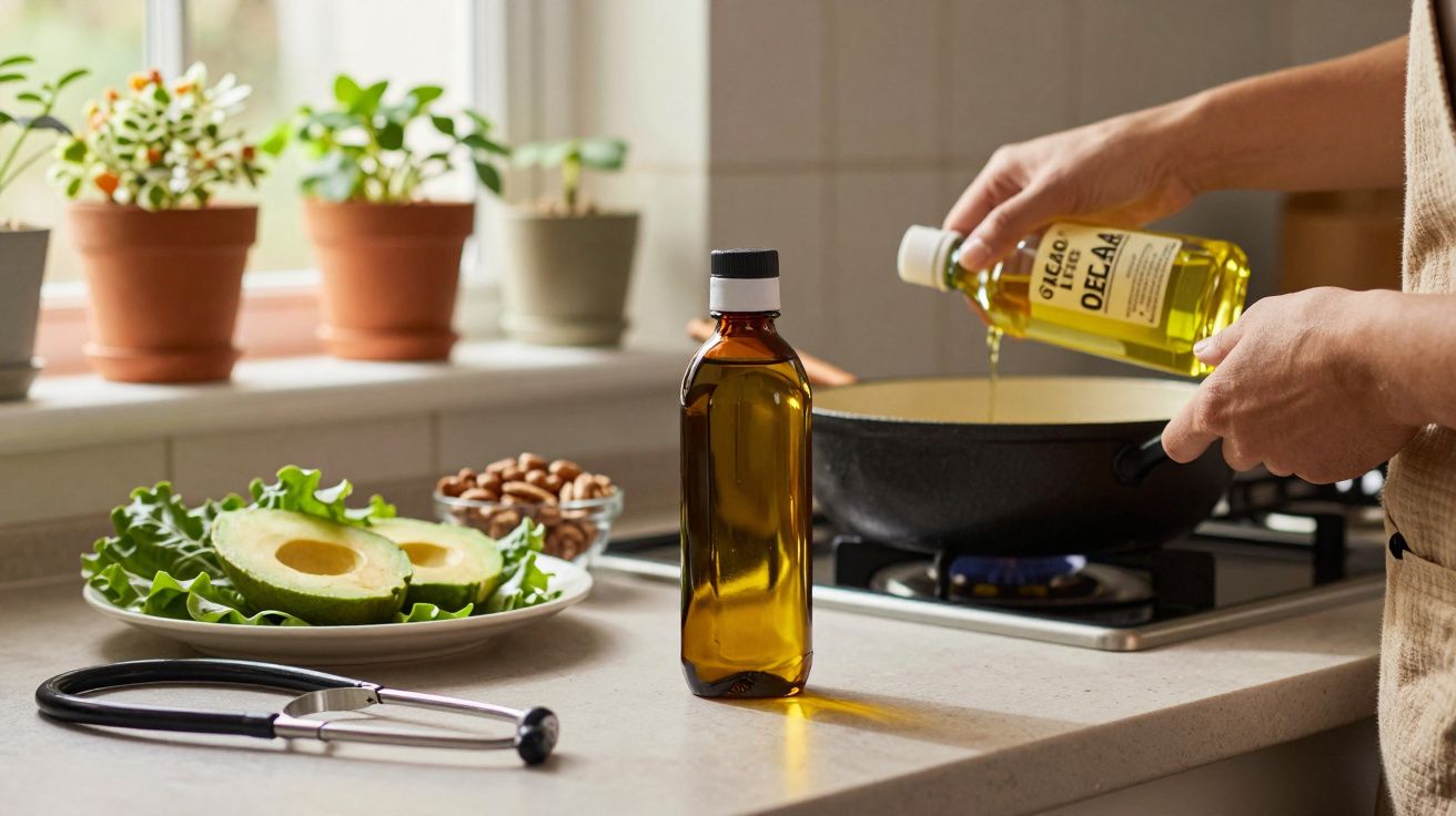 Pessoa cozinhando com óleo; abacate, nozes e plantas ao fundo.