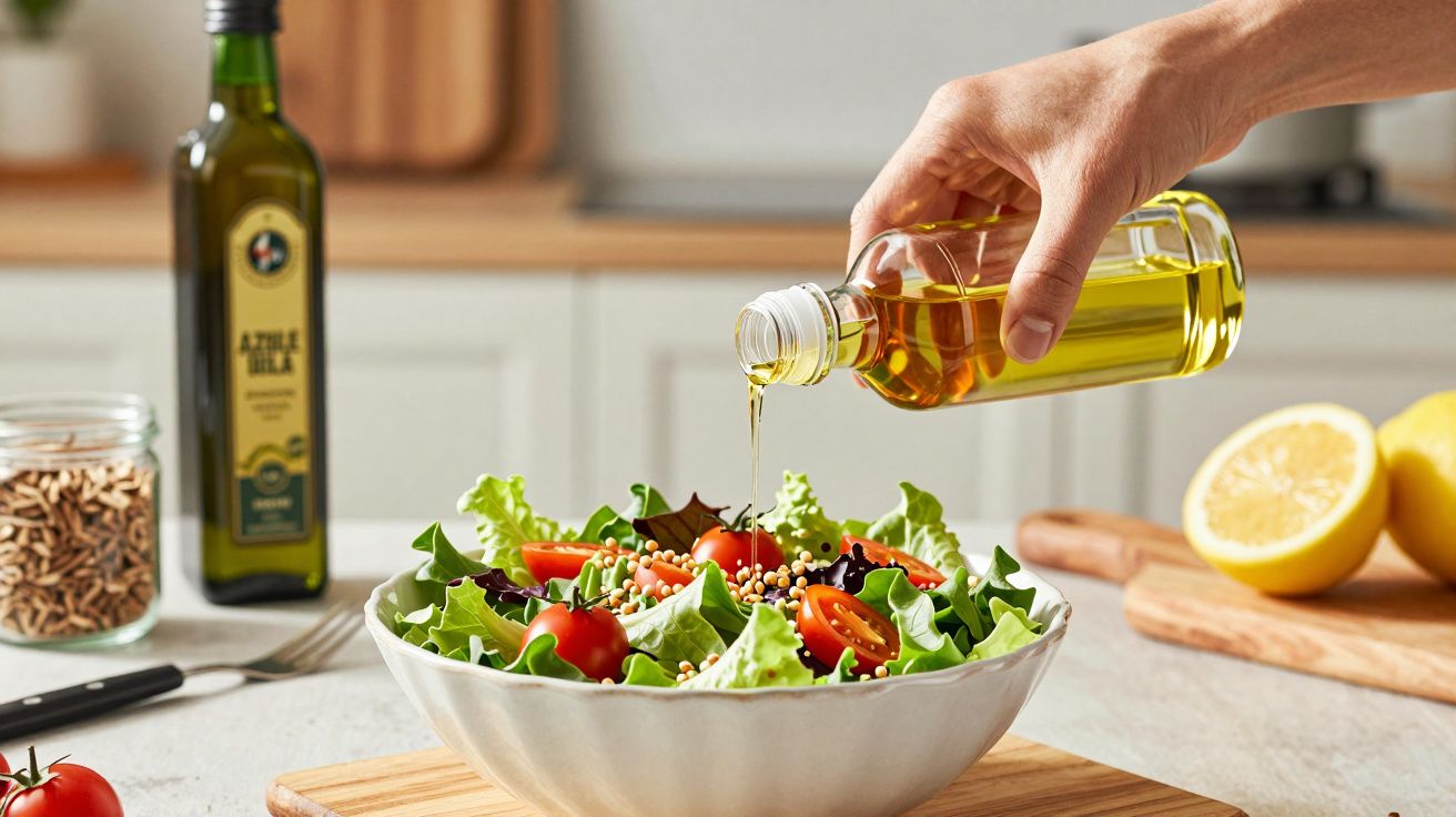 Mão derramando azeite sobre salada fresca com tomate, alface e sementes em tigela branca na cozinha.