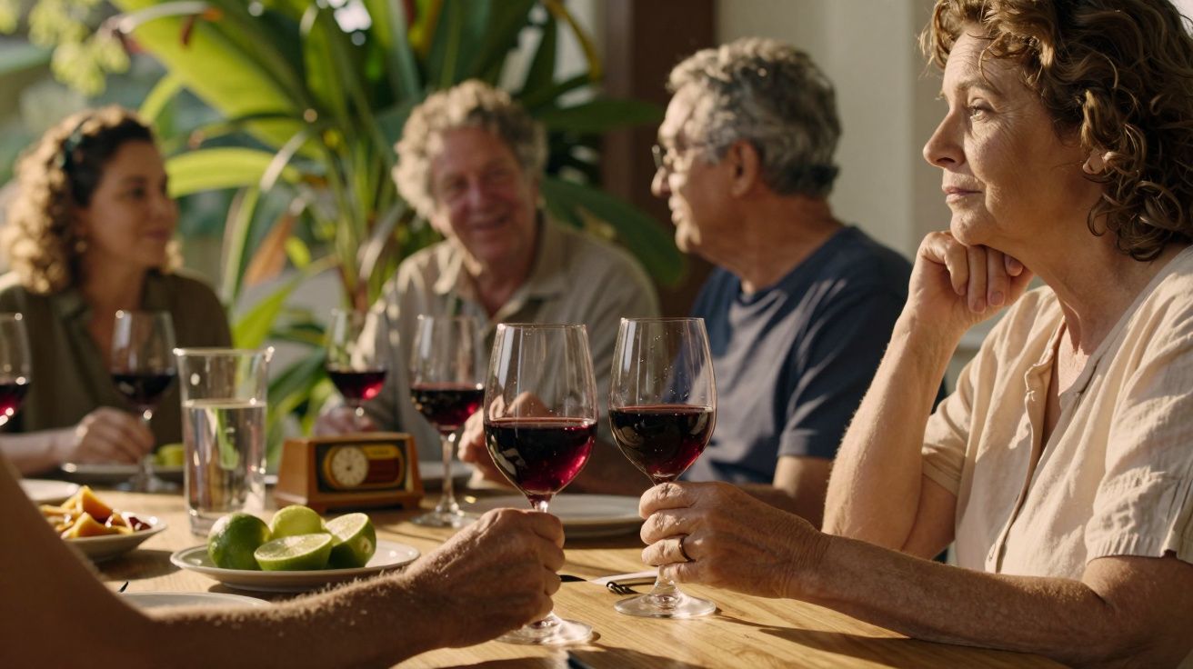 Grupo de pessoas maduras conversando em volta de uma mesa ao ar livre com taças de vinho tinto e frutas.
