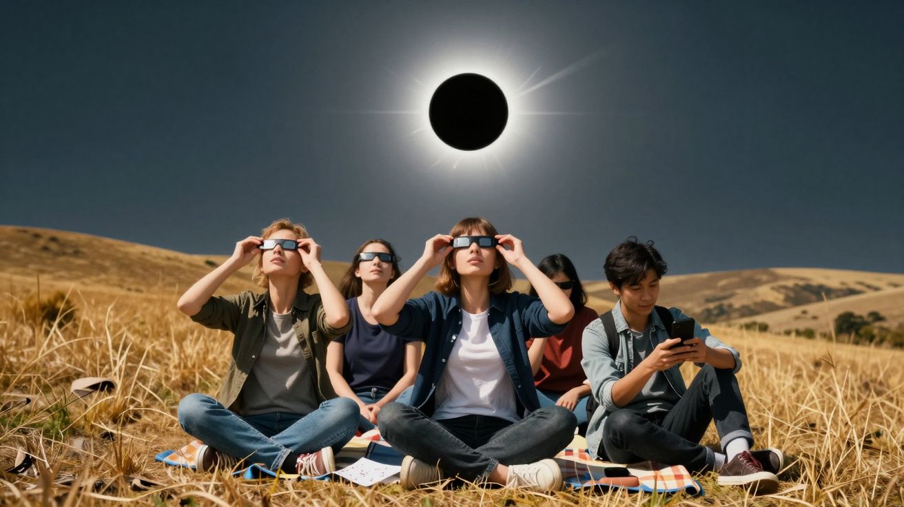 Pessoas assistindo a um eclipse solar em um campo, usando óculos de proteção; um deles olha para o celular.