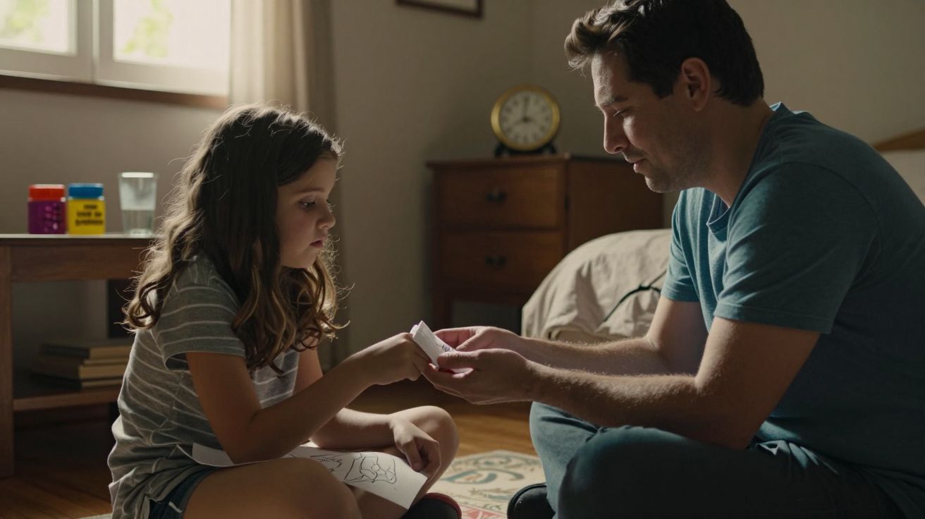 Pai e filha sentados no chão de um quarto, conversando e segurando papéis, com uma janela iluminada ao fundo.