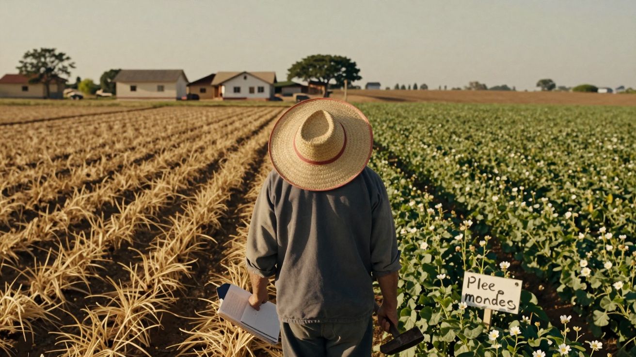 Homem de chapéu de palha caminha entre plantações, segurando papéis; casas e árvores ao fundo.