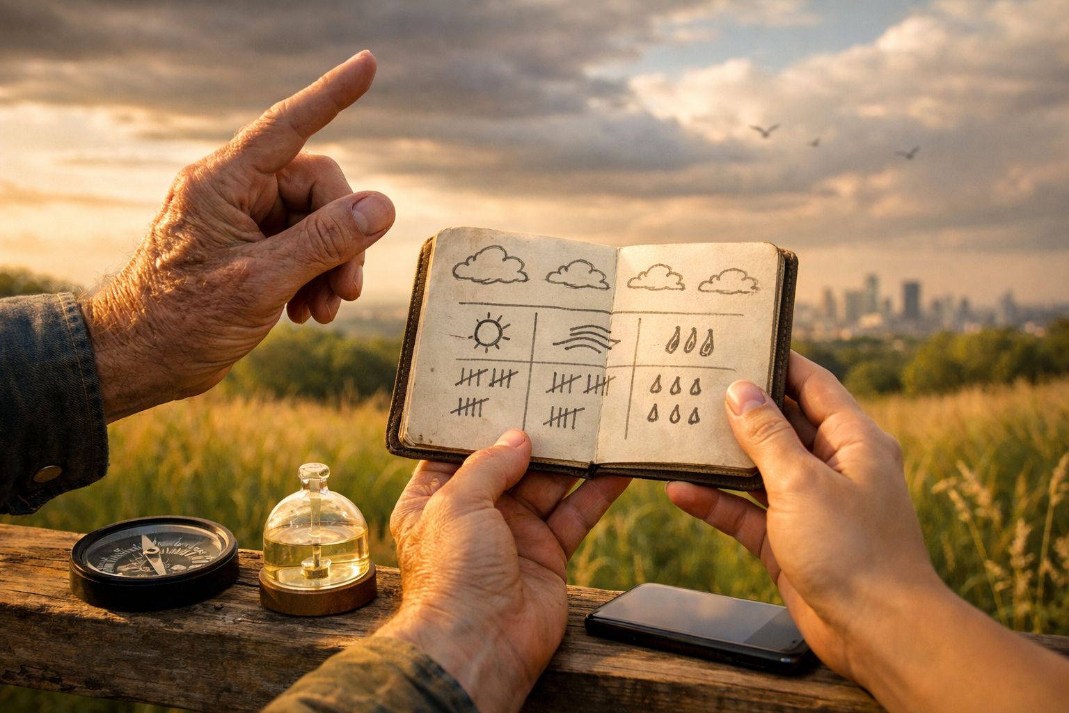 Duas pessoas segurando caderno com anotações de clima ao ar livre, ao lado de bússola e telefone, com cidade ao fundo.