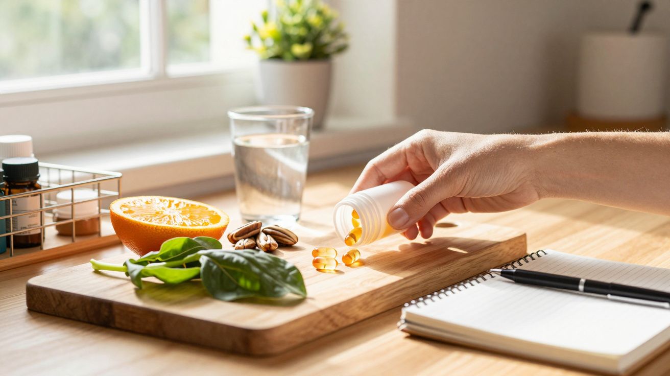 Mão colocando cápsulas sobre tábua com frutas, nozes e copo d'água ao lado. Caderno e caneta na mesa.