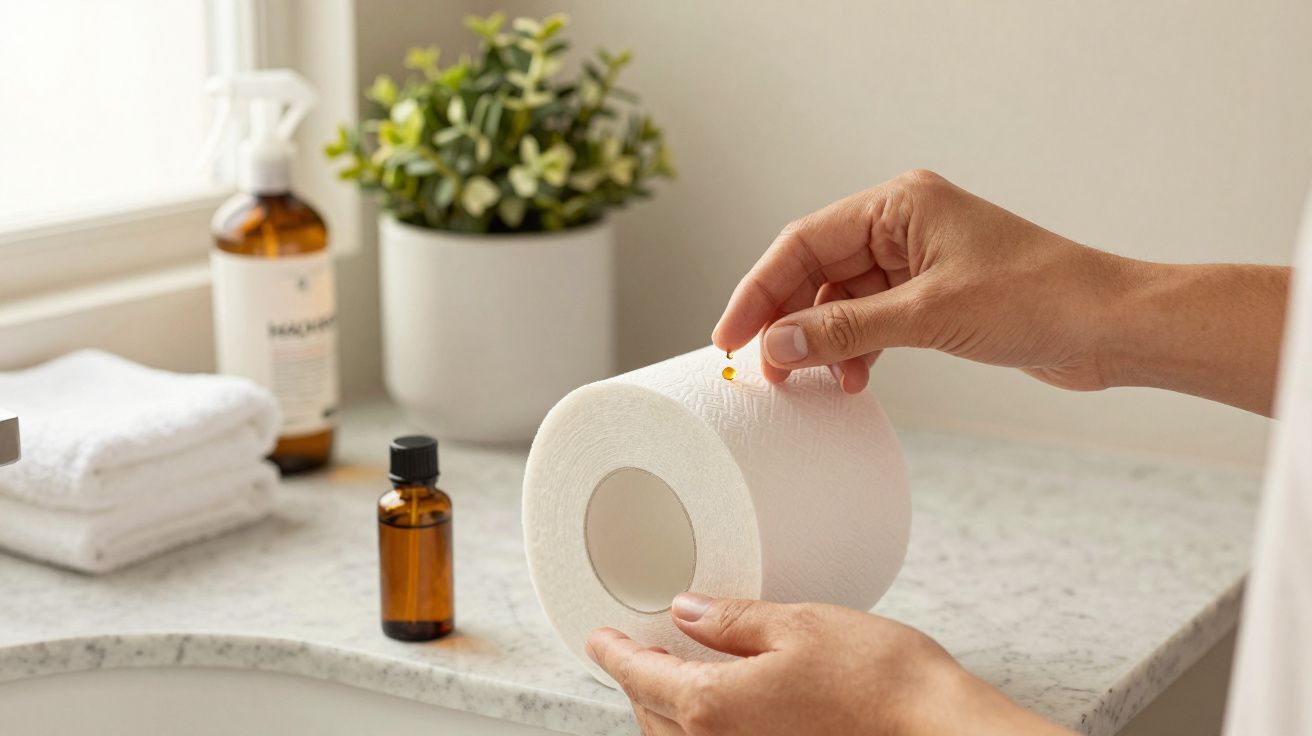 Mãos segurando rolo de papel higiênico em banheiro, com frascos e planta ao fundo sobre pia branca.