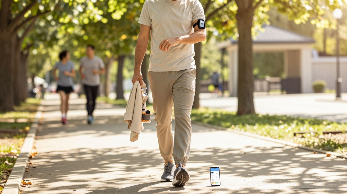 Homem caminhando em parque, usando um dispositivo no braço e olhando para o celular apoiado no chão.