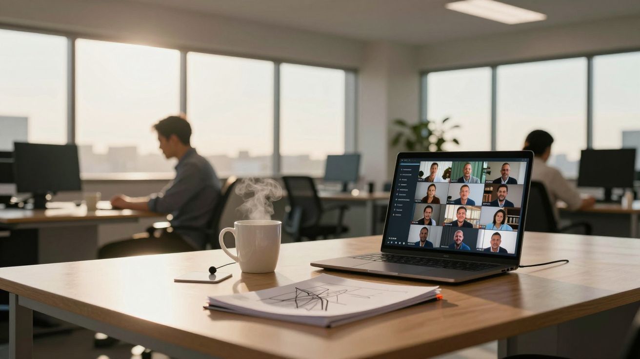 Notebook com videoconferência em mesa de escritório, xícara de café e papéis, ambiente moderno com janelas amplas.