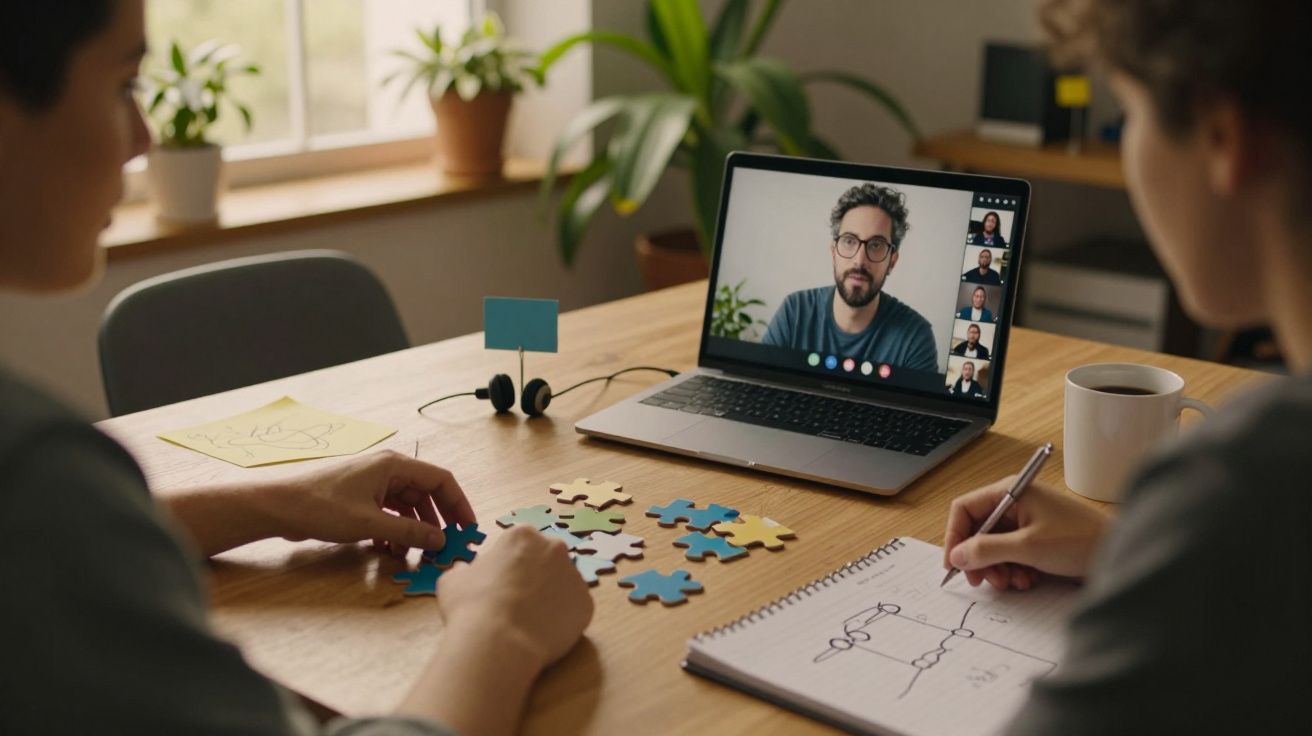 Duas pessoas montando quebra-cabeça enquanto participam de videoconferência em um laptop sobre mesa de madeira.