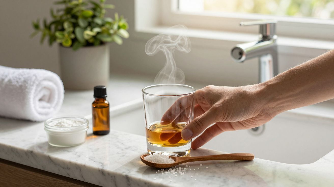 Mão pegando copo com bebida fumegante em banho-maria, ao lado de colher com sal e toalha na pia.