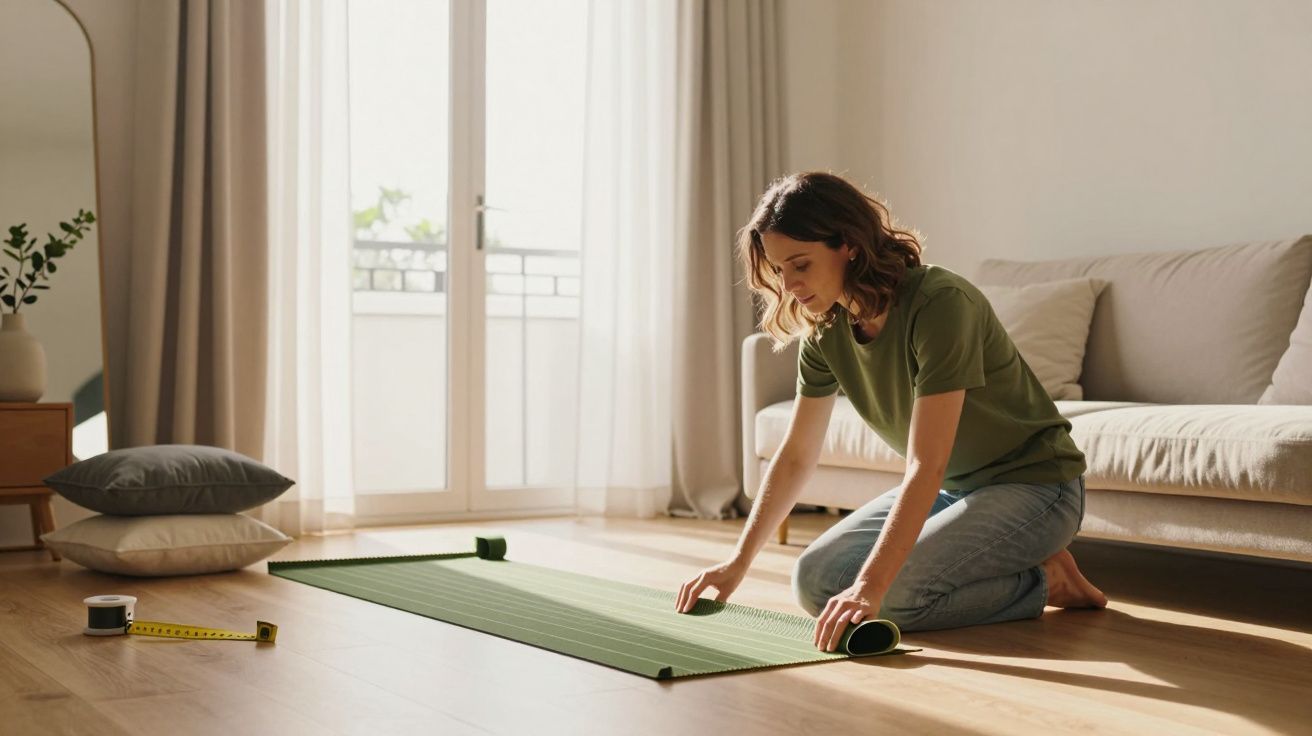 Mulher desenrolando tapete verde no chão de sala clara, com sofá ao fundo e porta de vidro.