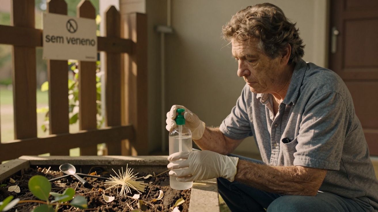Homem de cabelo grisalho cuida de jardim orgânico, usando borrifador e luvas. Placa ao fundo: "sem veneno".
