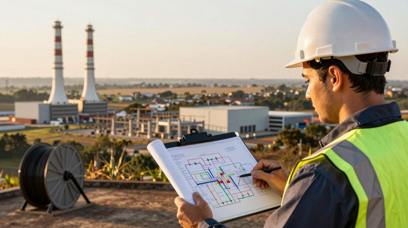 Trabalhador com capacete analisa planta em prancheta, fundo com torres industriais e campo aberto.