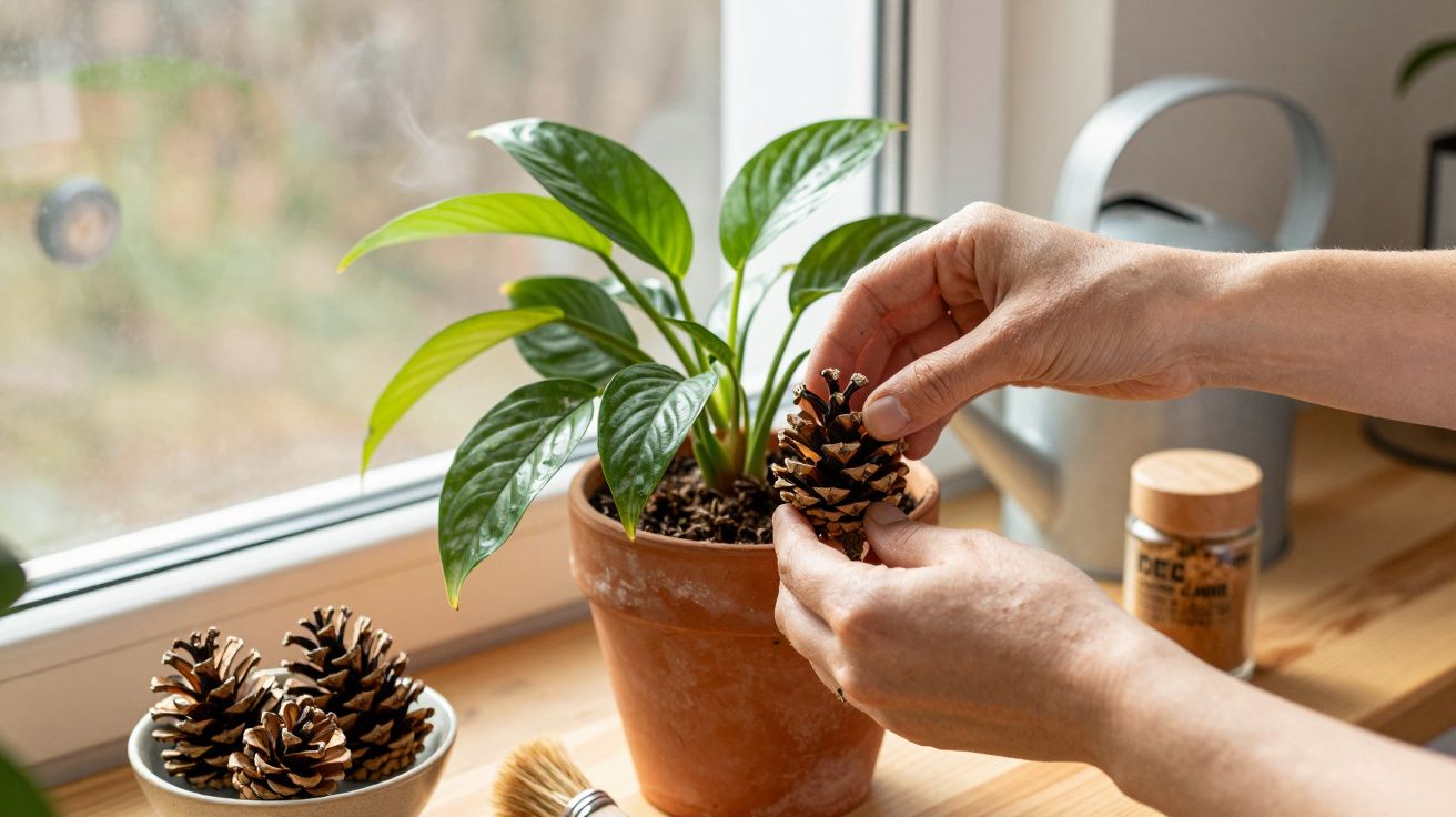 Mãos colocando pinha em vaso de planta sobre mesa de madeira perto de janela.
