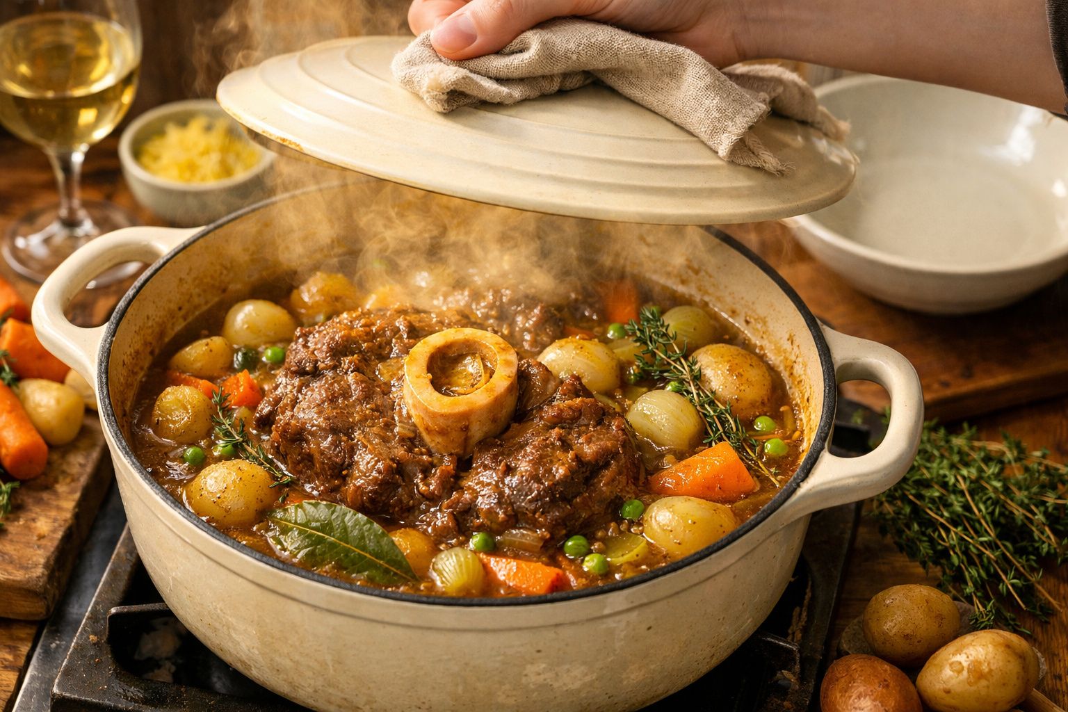 Mão adicionando ervas frescas a um osso buco cozido com legumes em uma panela de ferro.