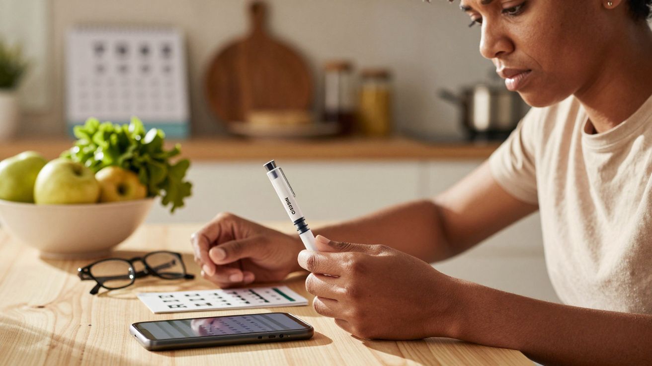 Pessoa examinando caneta dosadora de insulina, com celular, óculos e frutas sobre a mesa da cozinha.
