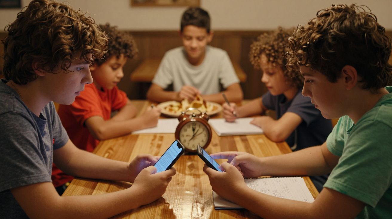 Cinco crianças em torno de uma mesa, duas usando celulares, com um relógio no centro e pratos de comida ao fundo.