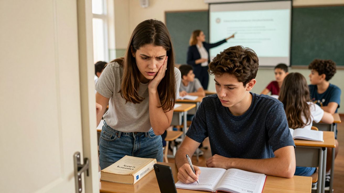 Alunos estudando em sala de aula, um sentado escrevendo e outro em pé, com expressão pensativa, enquanto professora ensina.