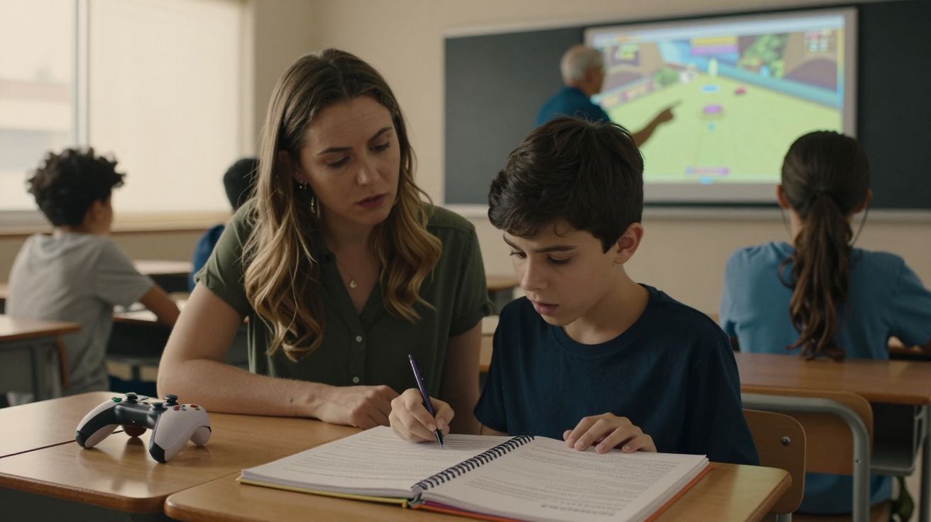 Professora ajuda aluno concentrado em sala de aula, enquanto videogame está sobre a mesa e quadro mostra tela interativa.
