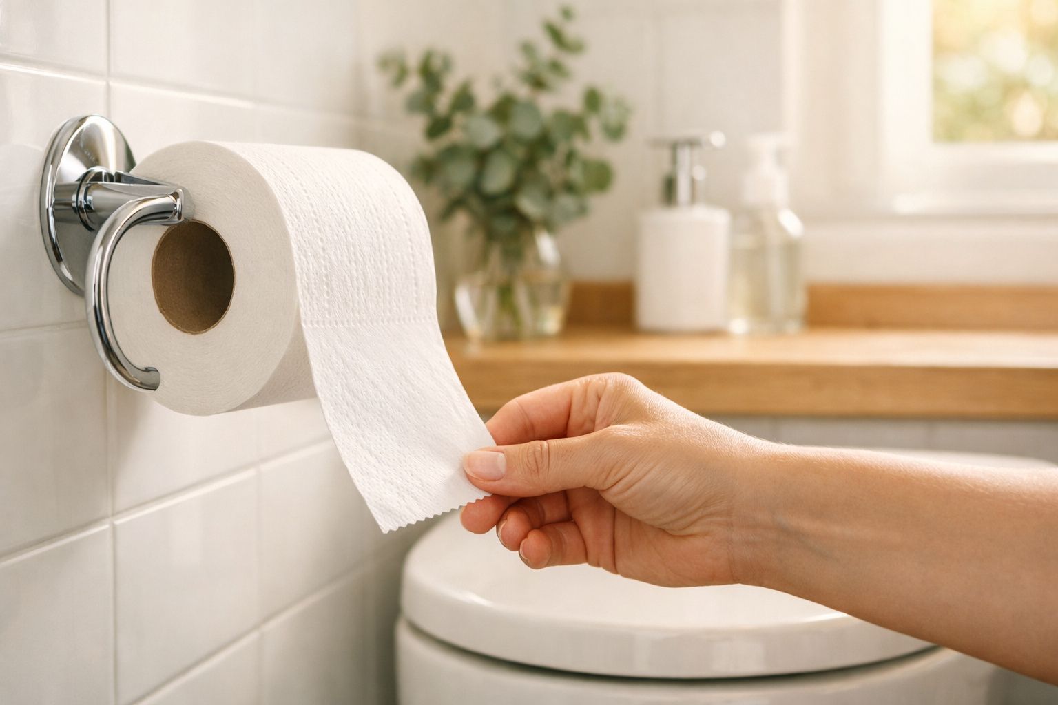 Mão pegando papel higiênico em suporte de metal, com sabonetes e toalhas ao fundo em banheiro iluminado.