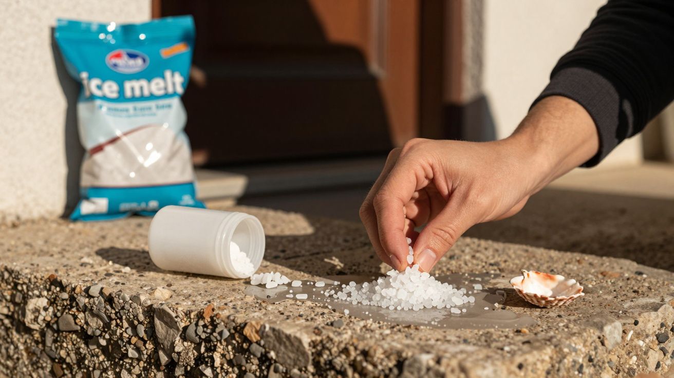 Mão espalha sal antigeada em superfície de concreto, com embalagem ao fundo e concha ao lado.